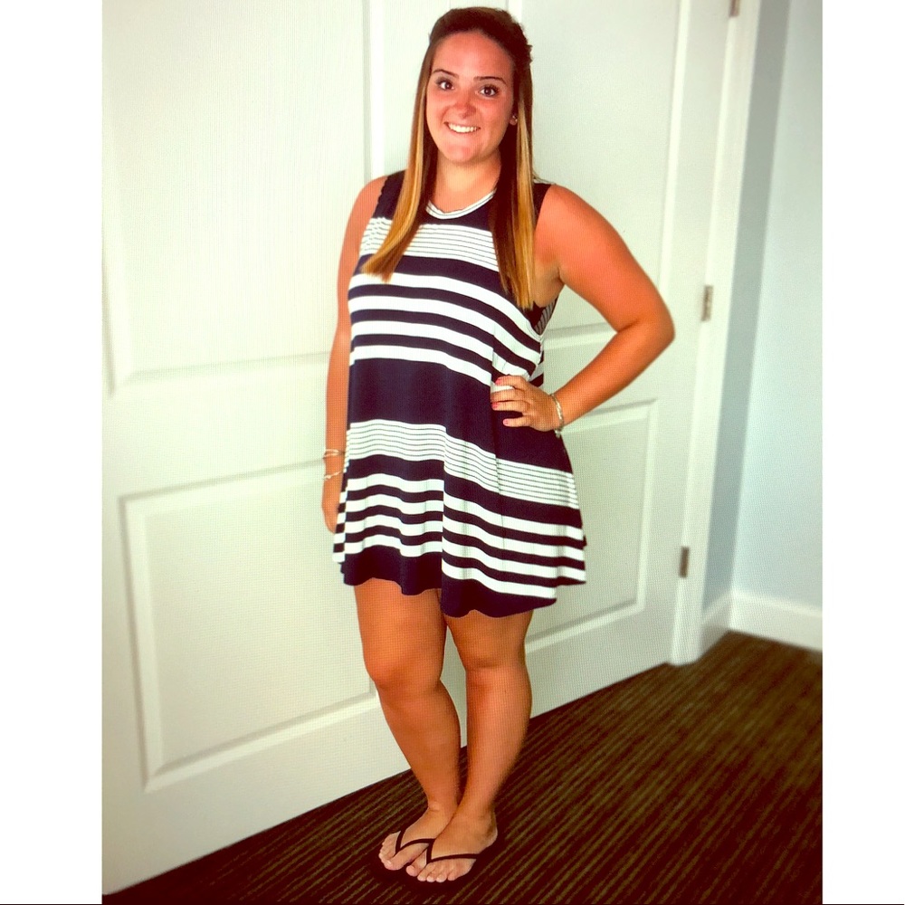Navy blue and white striped sundress